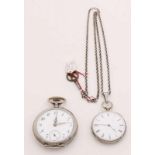 Two silver pocket watches, a small model, ø 36 mm, with edged cabinet and edge on a silver jasser