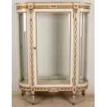 Antique Louis Seize-style display case with cut and curved glass. About 1900. In original gray-