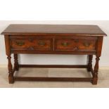 Old English oak side table with two drawers. Style furniture. Second half 20th century. Dimensions: