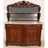 Large antique mahogany open bonnet with marble leaf and carving. (Complete with keys). About 1870.