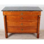 Large 19th century French cherry wood empire chest of drawers with full columns, gold-plated brass