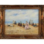 F. Deneuf, Impressionist beach scene with figures. Second half 20th century. Oil paint on panel.