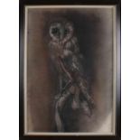 H. de Boer (HdB.). Forest owl on stem. Charcoal on paper. Dimensions: 75 x 50 cm. In good