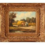 Unclear signed, approx. 1980. German school. Farmer with hay wagon. Oil paint on linen. Dimensions: