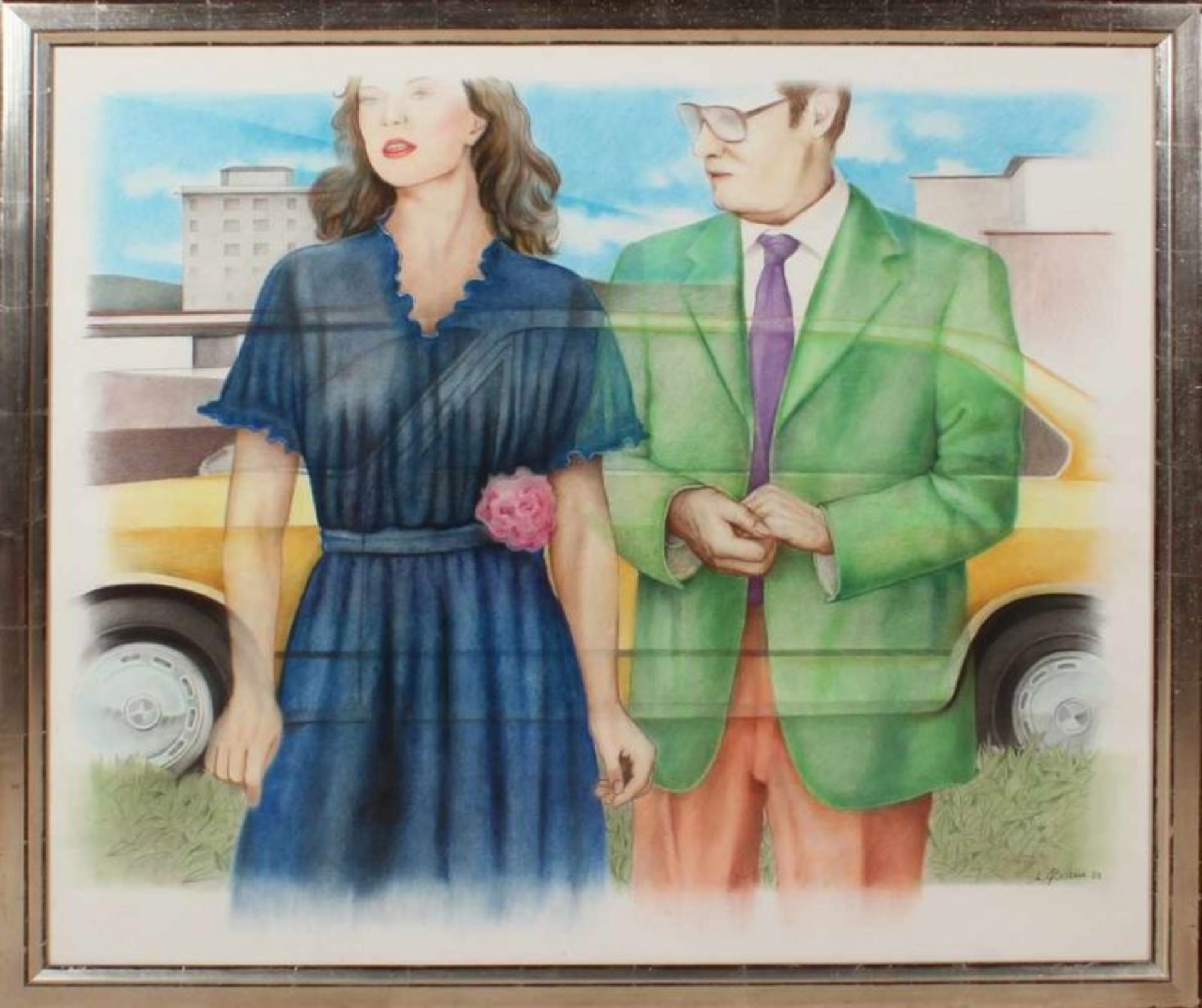 Luciano Borin 1982. Second half 20th century, Italy. 'Man and woman for car'. Pastel on paper.