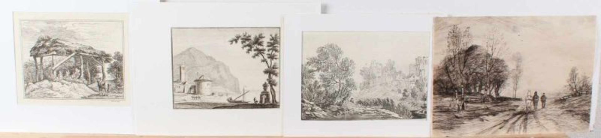 Four works on paper 18th-19th century. A single engraving with horses, The Hague school. A meal of