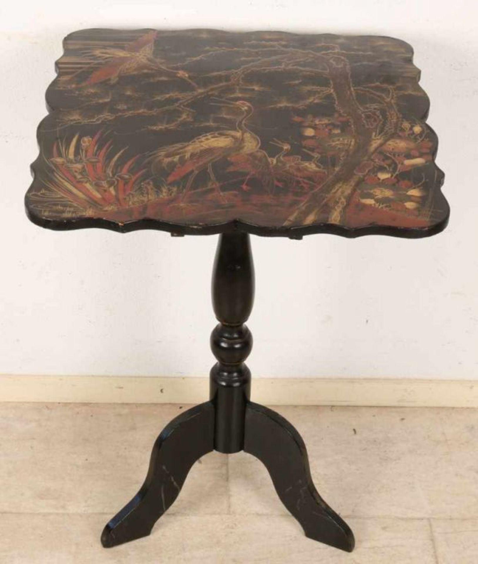 Tilt top table, 19th century. With chinoiserie painting, crane birds in landscape. Contoured leaf (