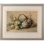 Unclear signed, approx. 1900. Presentation: Basket with roses. Watercolor on paper. Dimensions: