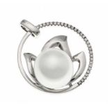 White gold pendant, 750/000, with excellent white South Sea pearl, ø 10.5 mm, and 30 brilliant cut