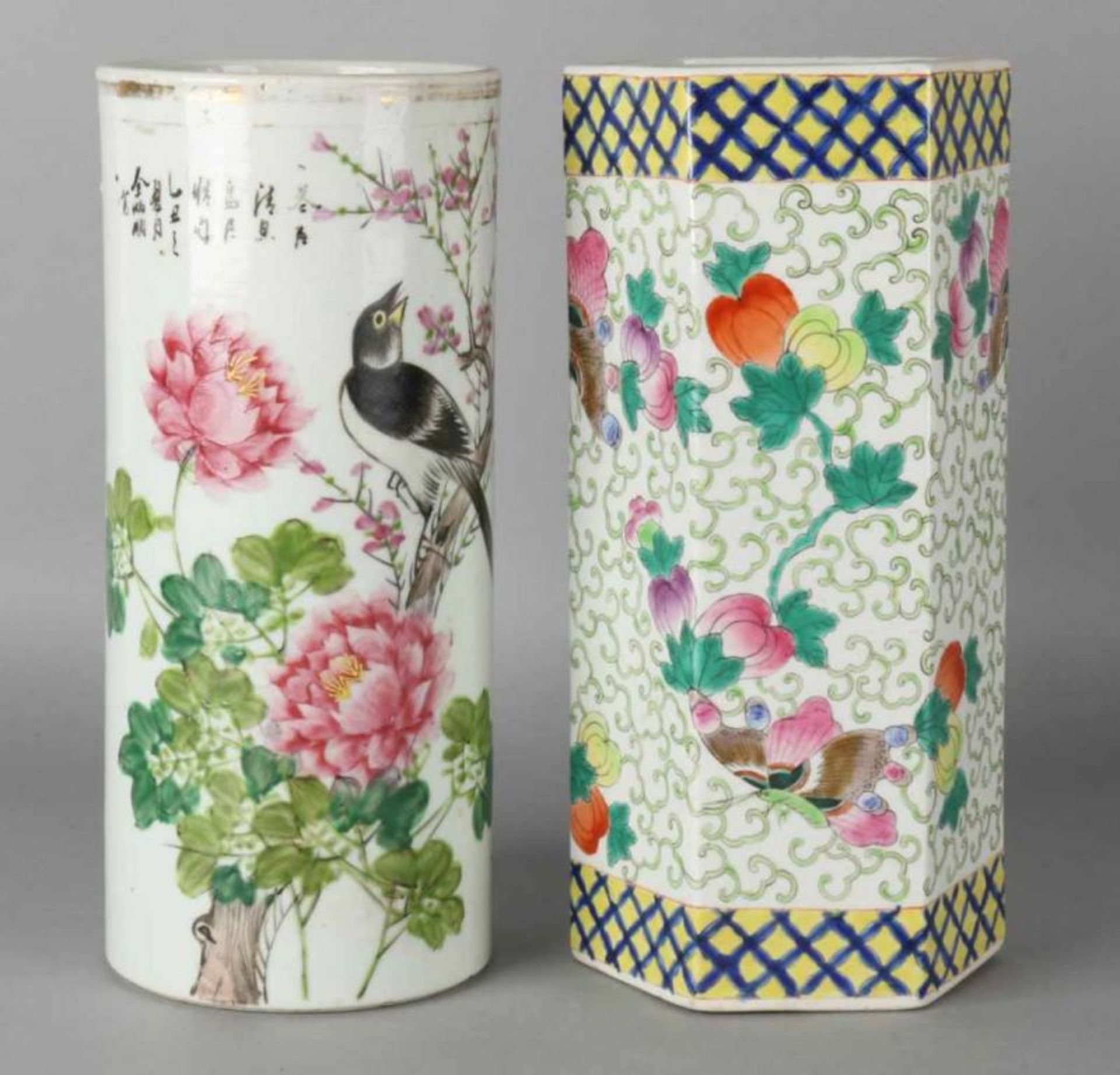 Two large old / antique Chinese porcelain brushes. Once round with flower branch, bird and text