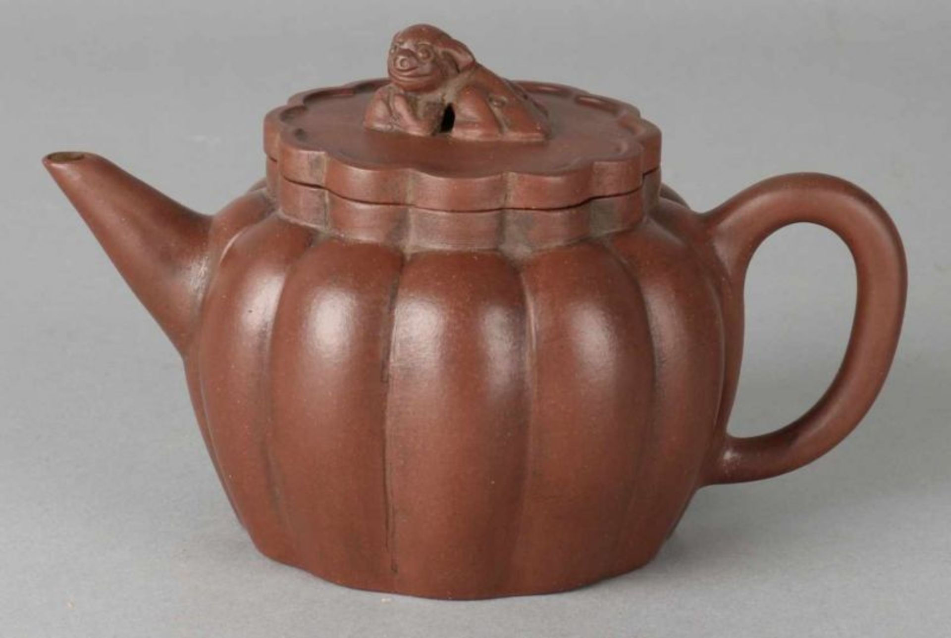 Old Chinese Yixing teapot in pumpkin shape with bat on lid. Marked on bottom. 20th century. Size: