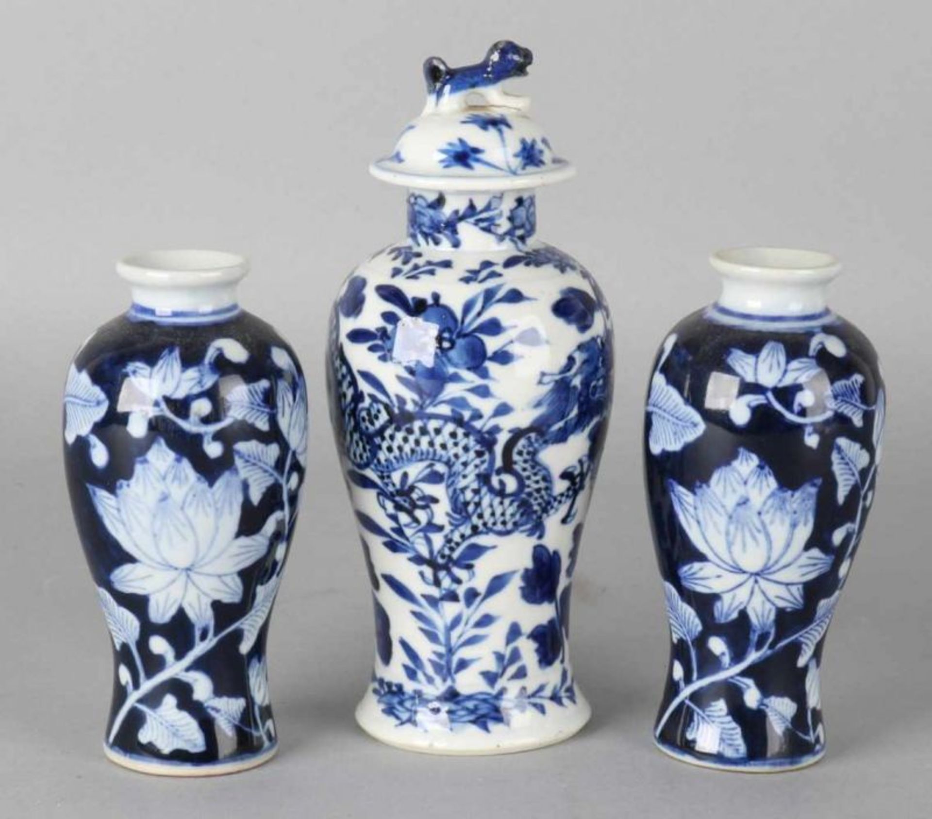 Three old Chinese porcelain vases. About 1900 and later. One lid with dragon decor. Marked. About: