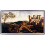 Landscape 17th century 17th century, landscape with medieval castle and figures, oil on canvas, 59 x