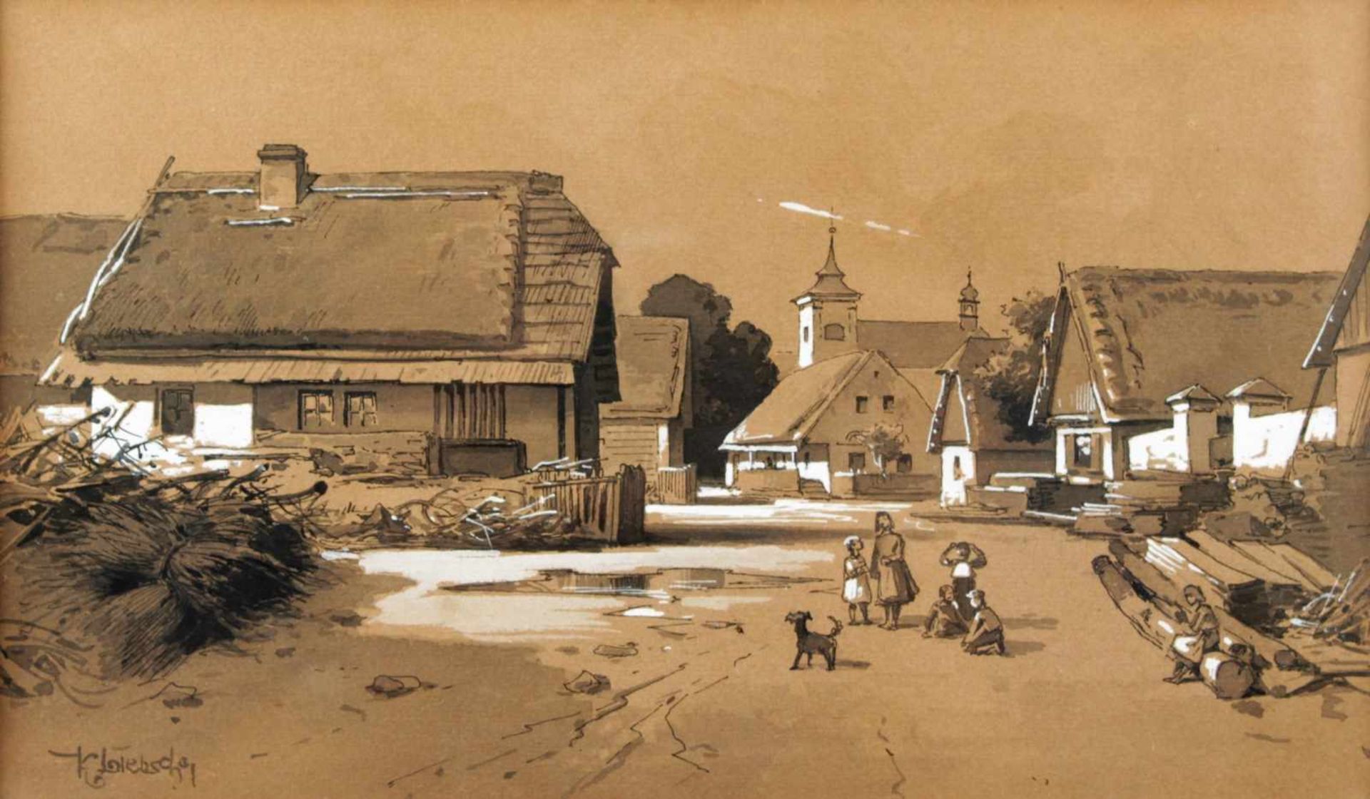 Liebscher Karel (1851 - 1906) Village, kombinovaná technika na papíře, 13,5 x 23 cm, signováno vlevo