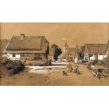 Liebscher Karel (1851 - 1906) Village, kombinovaná technika na papíře, 13,5 x 23 cm, signováno vlevo