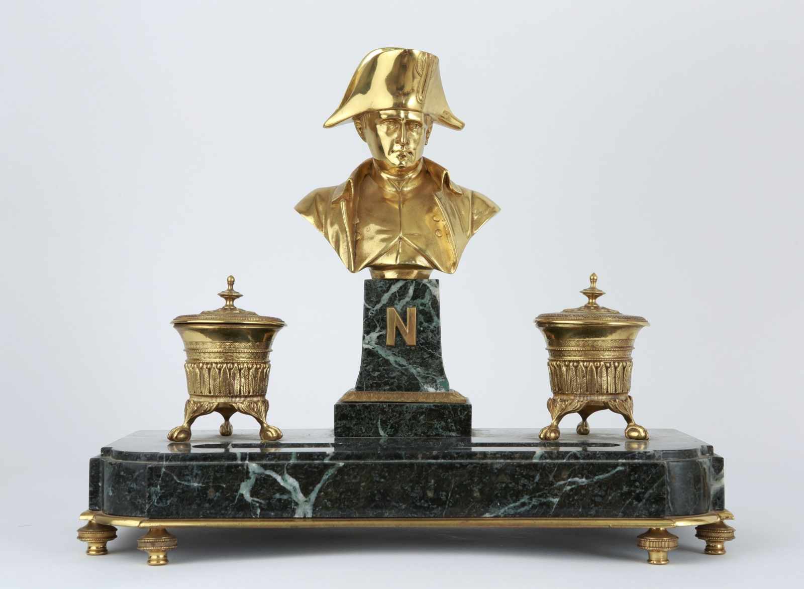 Empire inkwell labeled Baril 1830 France, year 1830, inkwell with bronze bust of Napoleon, signed