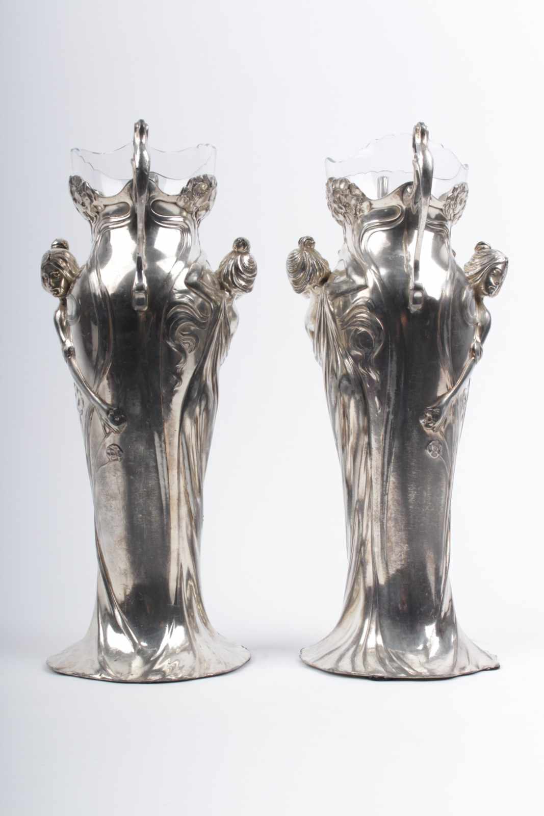 Art Nouveau vases WMF Germany, around 1906, paired pewter vases, silver plated, original glass - Image 4 of 6
