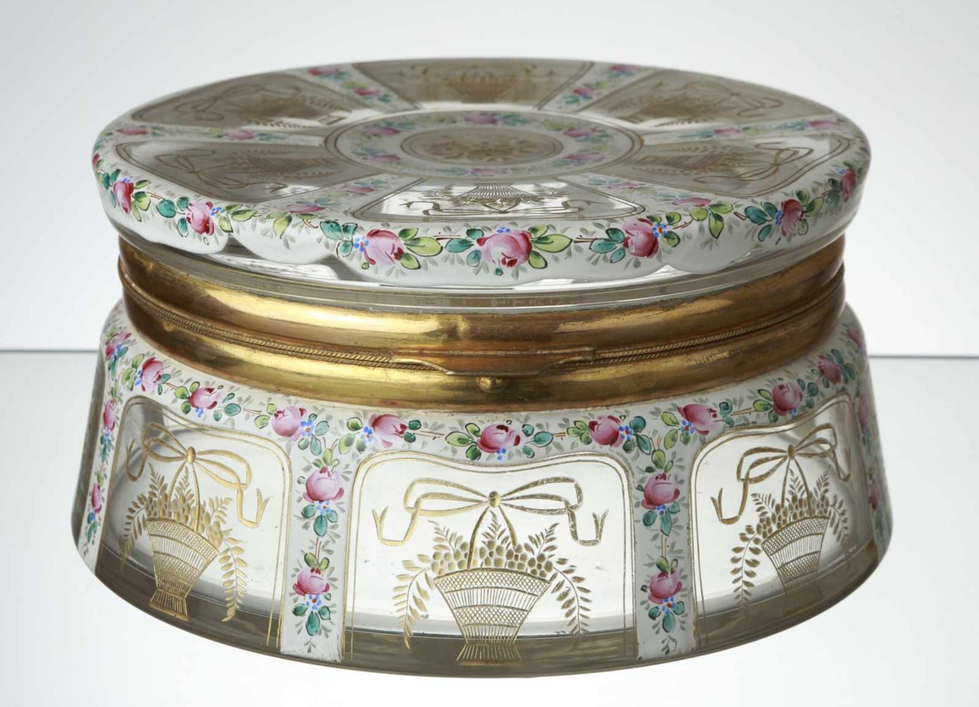 Czech glass bowl decorated by enamel Bohemia, late 19th century, clear glass, metal assembly, gilded