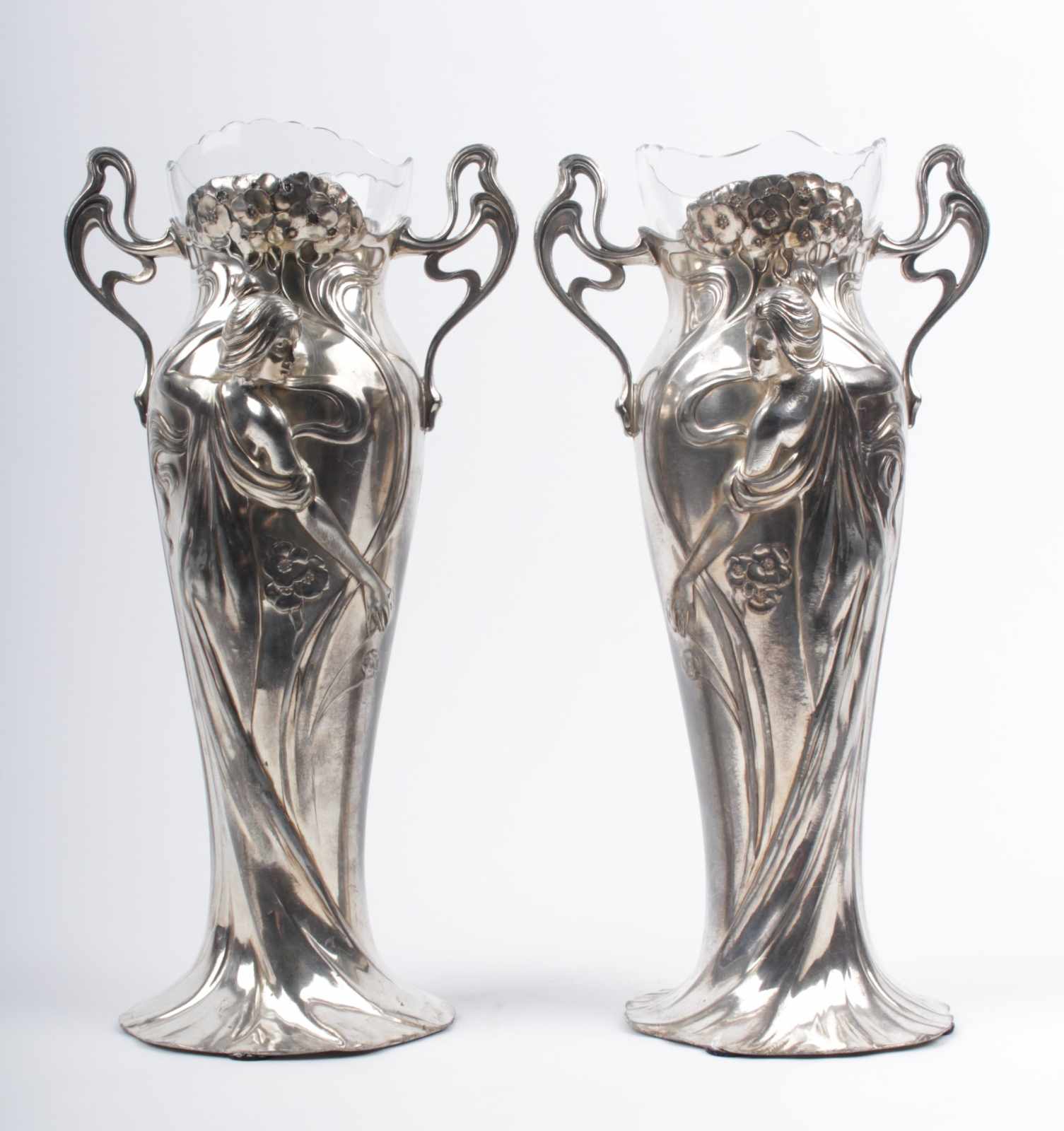 Art Nouveau vases WMF Germany, around 1906, paired pewter vases, silver plated, original glass - Image 3 of 6