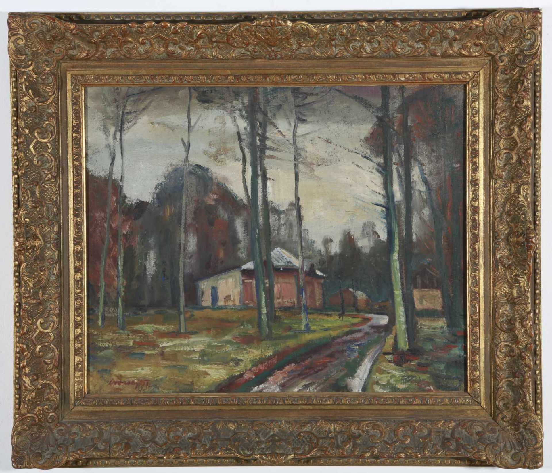 Dvorský Bohumír (1902 - 1976) The building in the woods, 1928, oil, canvas on cardboard, 46 x 58 cm,