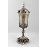 Silver cup with lid Embossed decorated silver cup, year, 1882, JM monogram, inscription: Zur