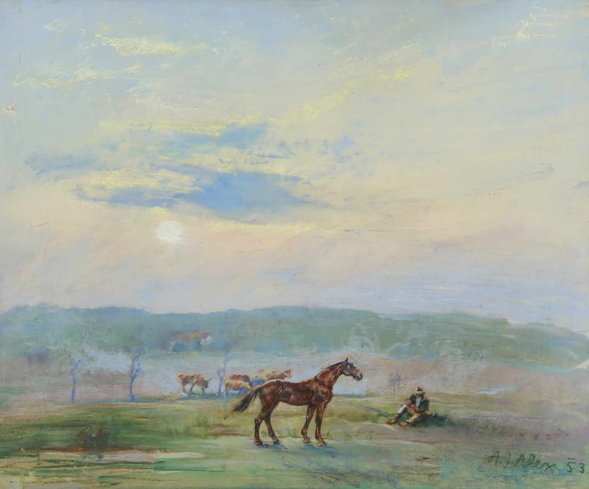 Alex Adolf Jelínek (1890 - 1957, Czech) On the pasture, 1953 oil on wood, 40 x 50 cm, signed lower - Bild 2 aus 2