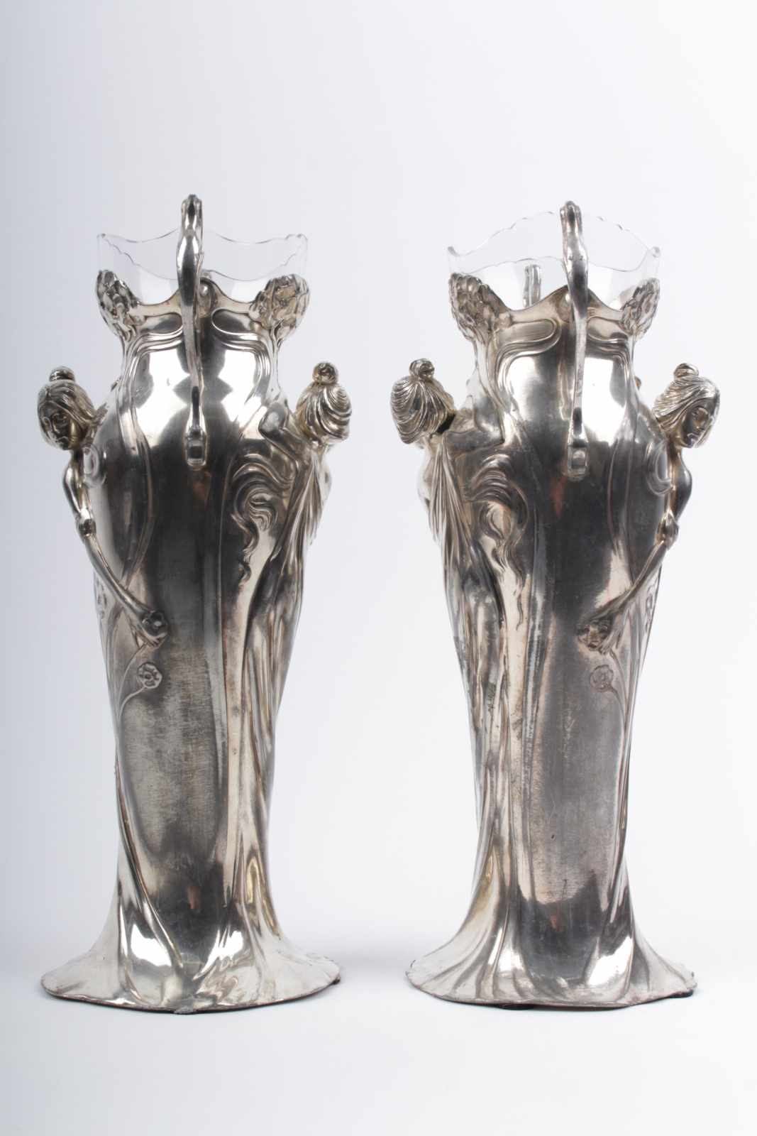 Art Nouveau vases WMF Germany, around 1906, paired pewter vases, silver plated, original glass - Image 2 of 6