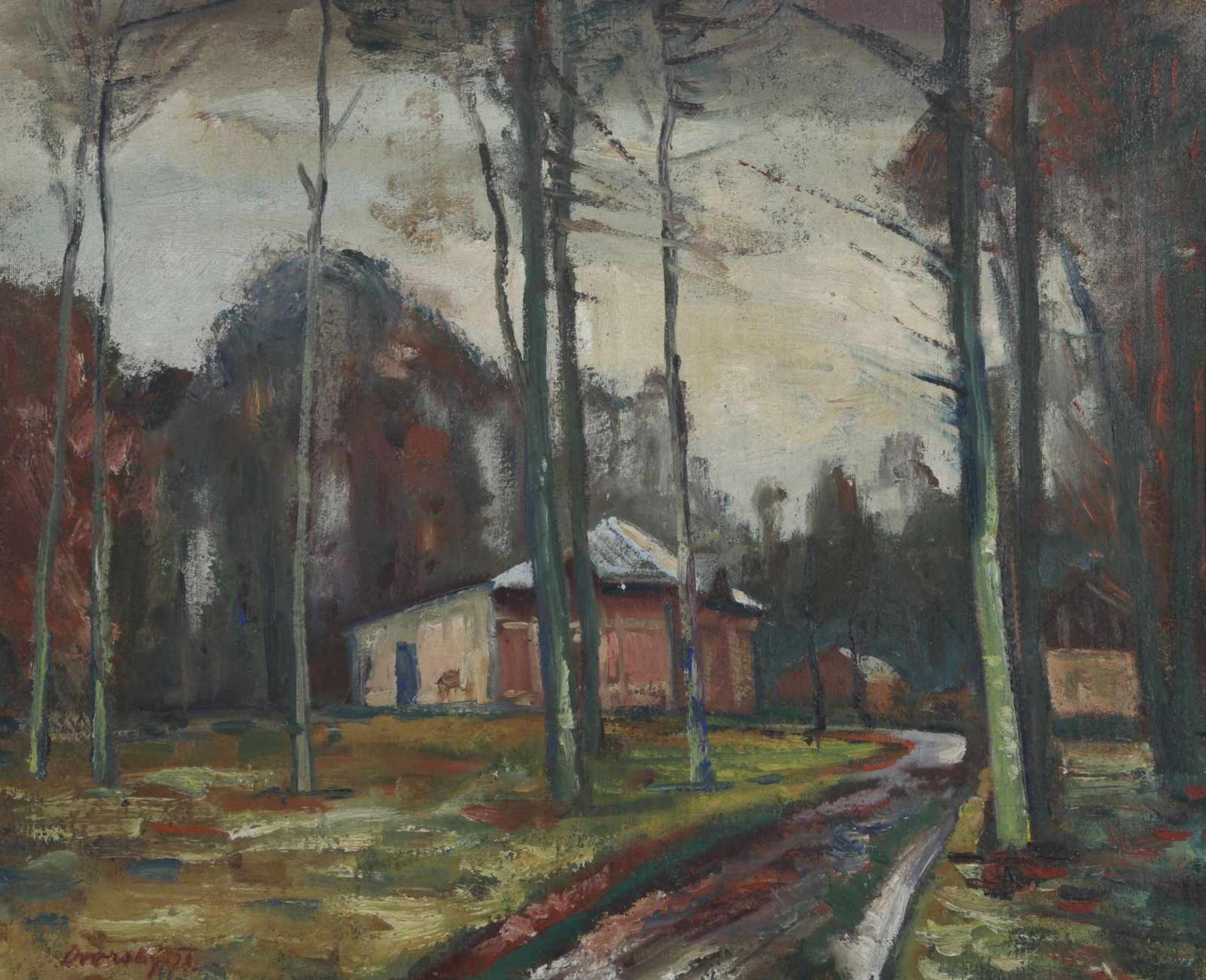 Dvorský Bohumír (1902 - 1976) The building in the woods, 1928, oil, canvas on cardboard, 46 x 58 cm, - Bild 2 aus 3