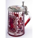 Tankard with lid 2nd half of the 19th century, probably Bohemia, clear glass, faceted ruby glazed,