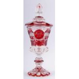 Czech Glass cup with lid Bohemia, Teplice, year 1846, clear glass, polished, glazed ruby,