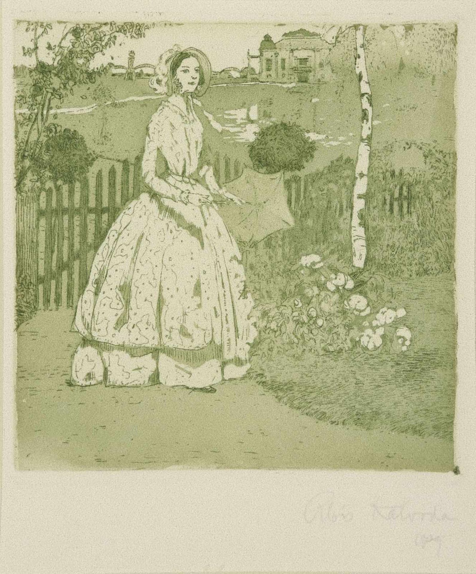 Kalvoda Alois (1875 - 1934) Girl with umbrella, year 1909, etching and aquatint on paper, 15 x 14,
