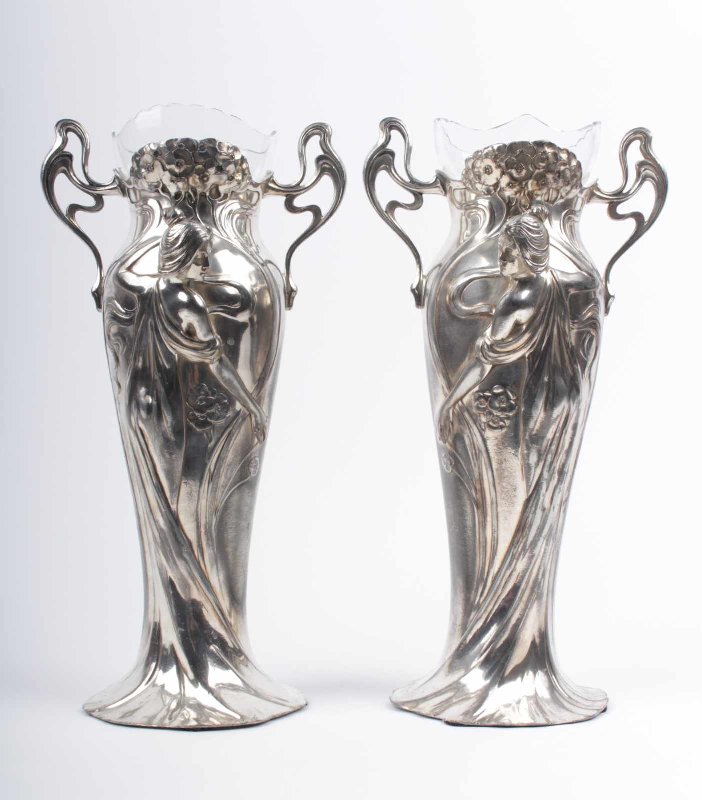 Art Nouveau vases WMF Germany, around 1906, paired pewter vases, silver plated, original glass
