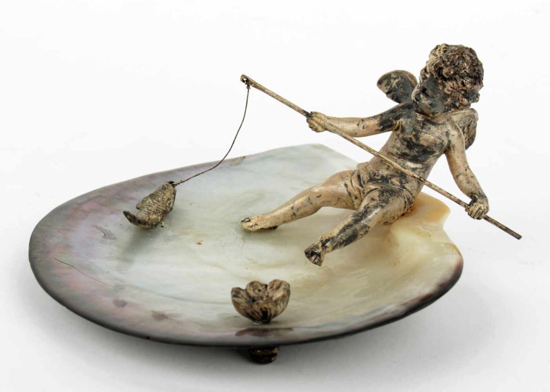 Sculpture - fishing angel 1st third of the 20th century, silver plated composition, shell of a pearl