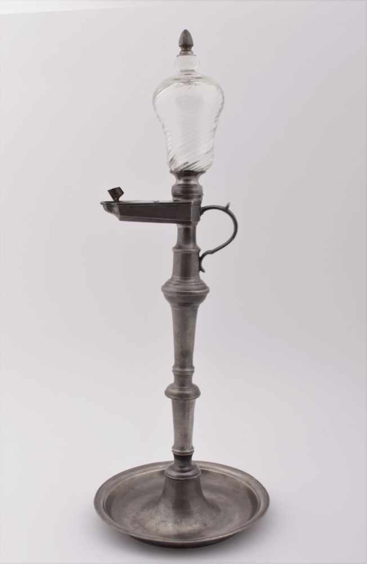 Pewter oil lamp Middle Europe, 2nd half of the 18th century, pewter lamp with a glass container,