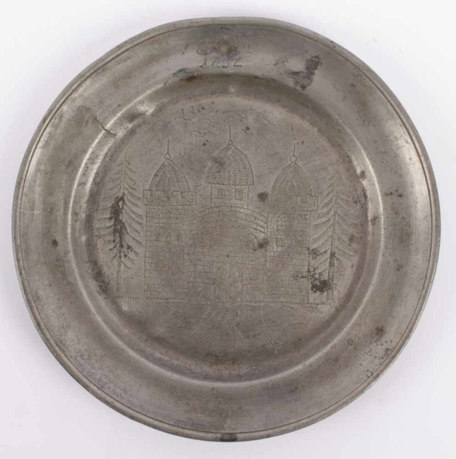 Pewter plate wiith a year 1732 Middle Europe, year 1732, pewter plate with a motive of a castle -