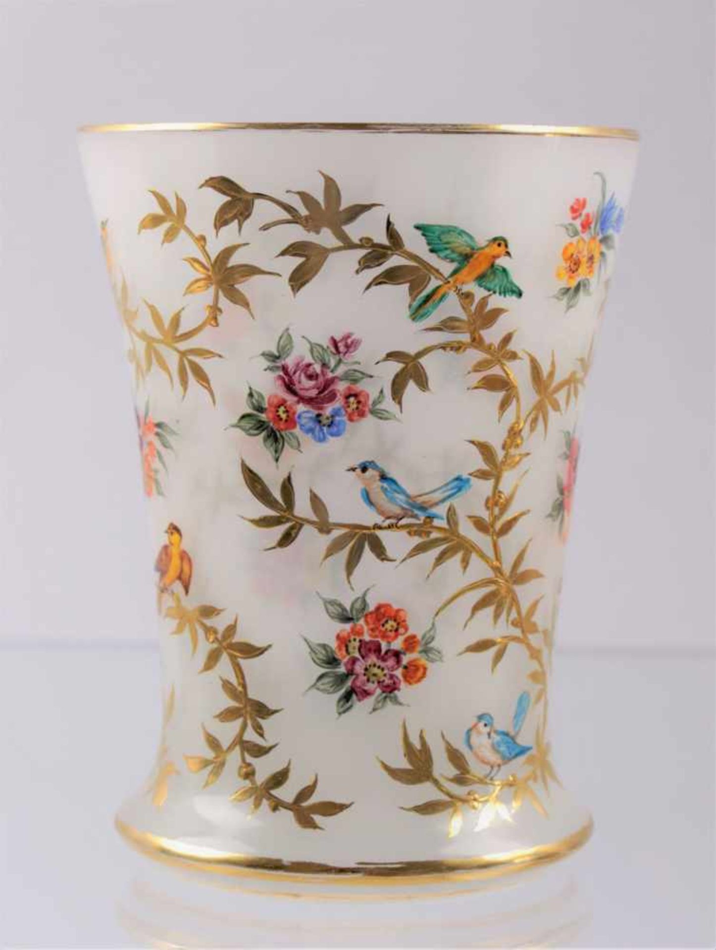 Czech glass cup with painted bird decor Bohemia, 2nd half of the 19th century, transparent alabaster