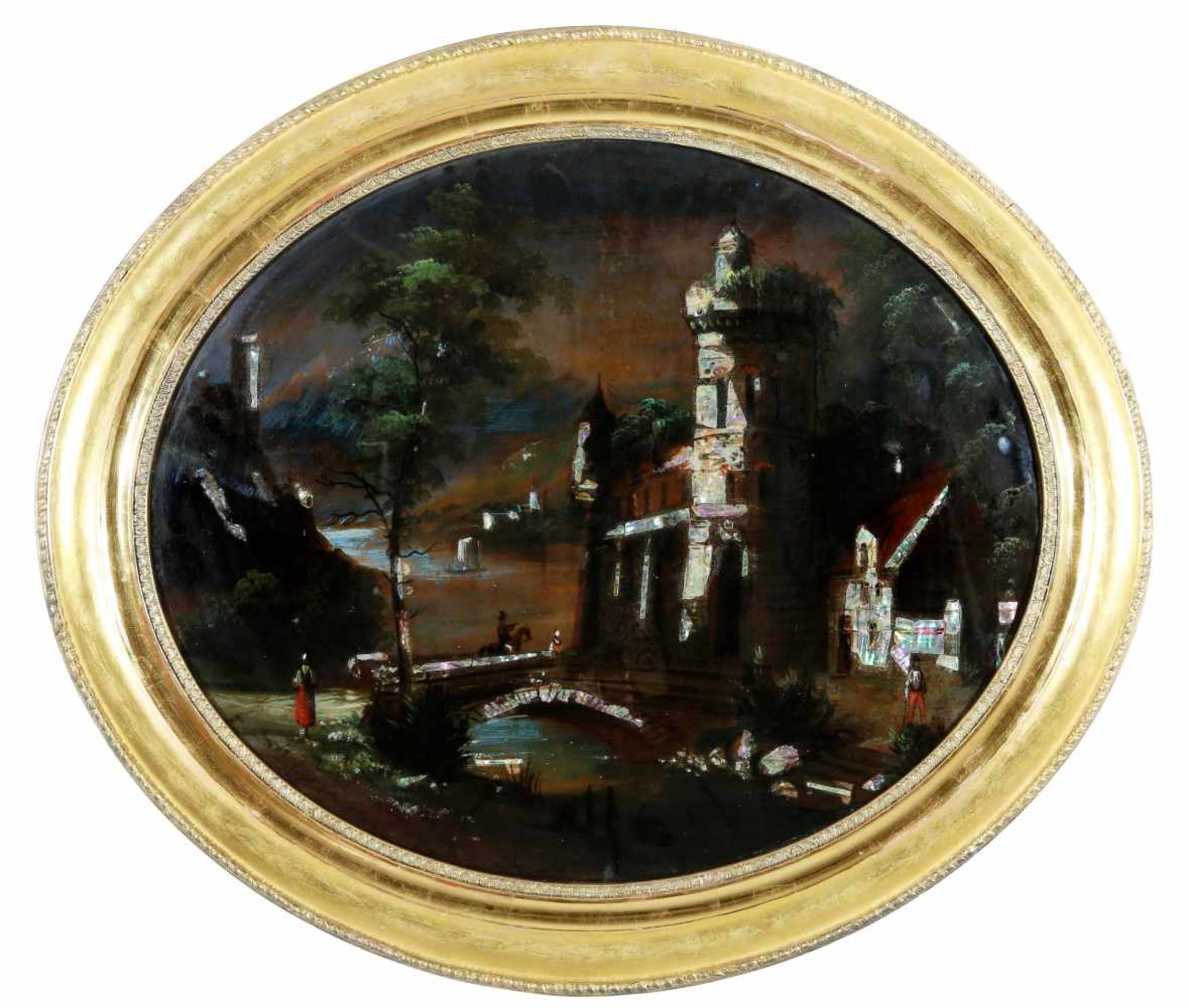 A rare reverse-glass painting Romantic night landscape with castle, circa 1850, painting on glass,