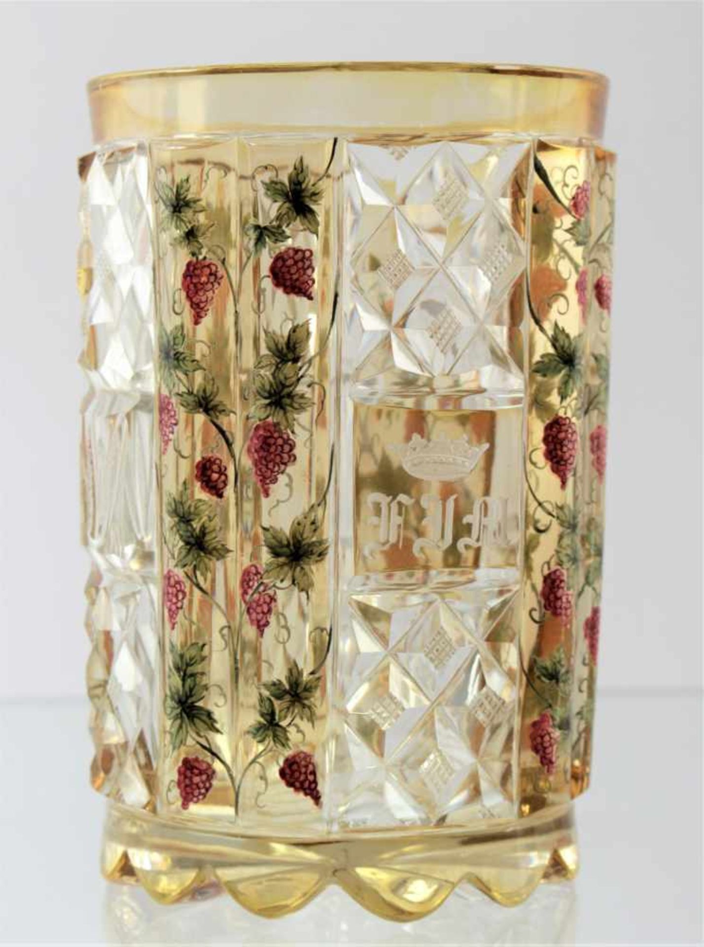 Czech cup with noble monogram Bohemia, 3rd third of the 19th century, crystal glass, cut, yellow