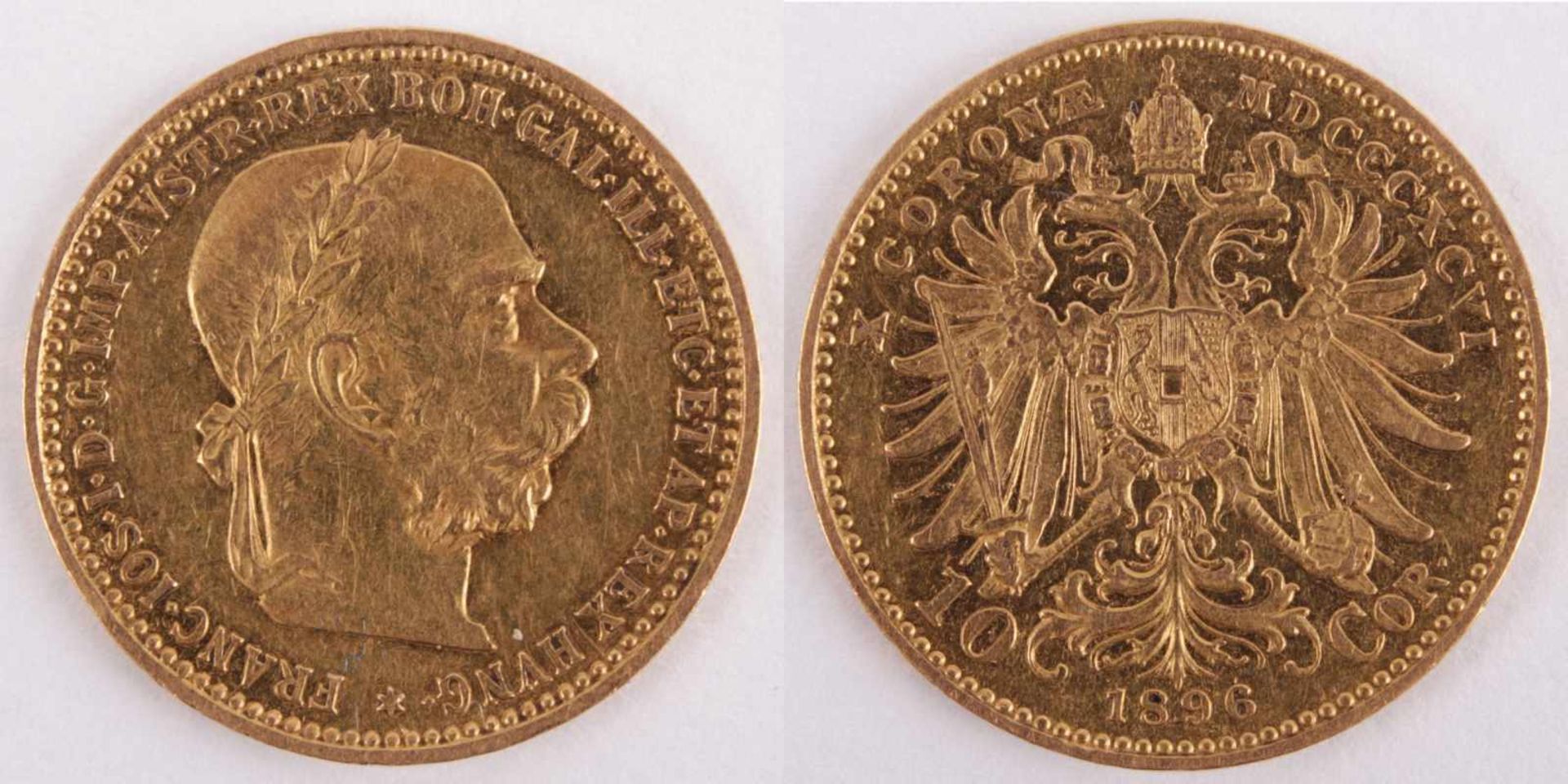 Gold coin: 10 Crown FJI 1896 Austria-Hungary, 10 Crown Franz Joseph I., year 1896, gold coin, 900/