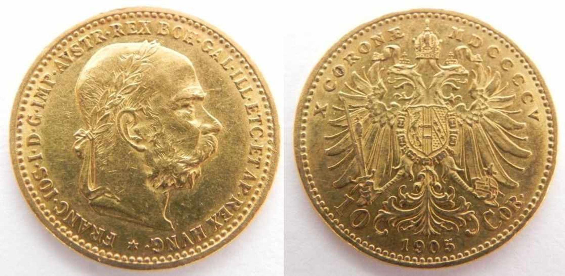 Zlata mince: 10 Koruna FJI 1905 Rakousko-Uhersko, 10 Koruna Frantisek Josef I., rocnik 1905, zlata