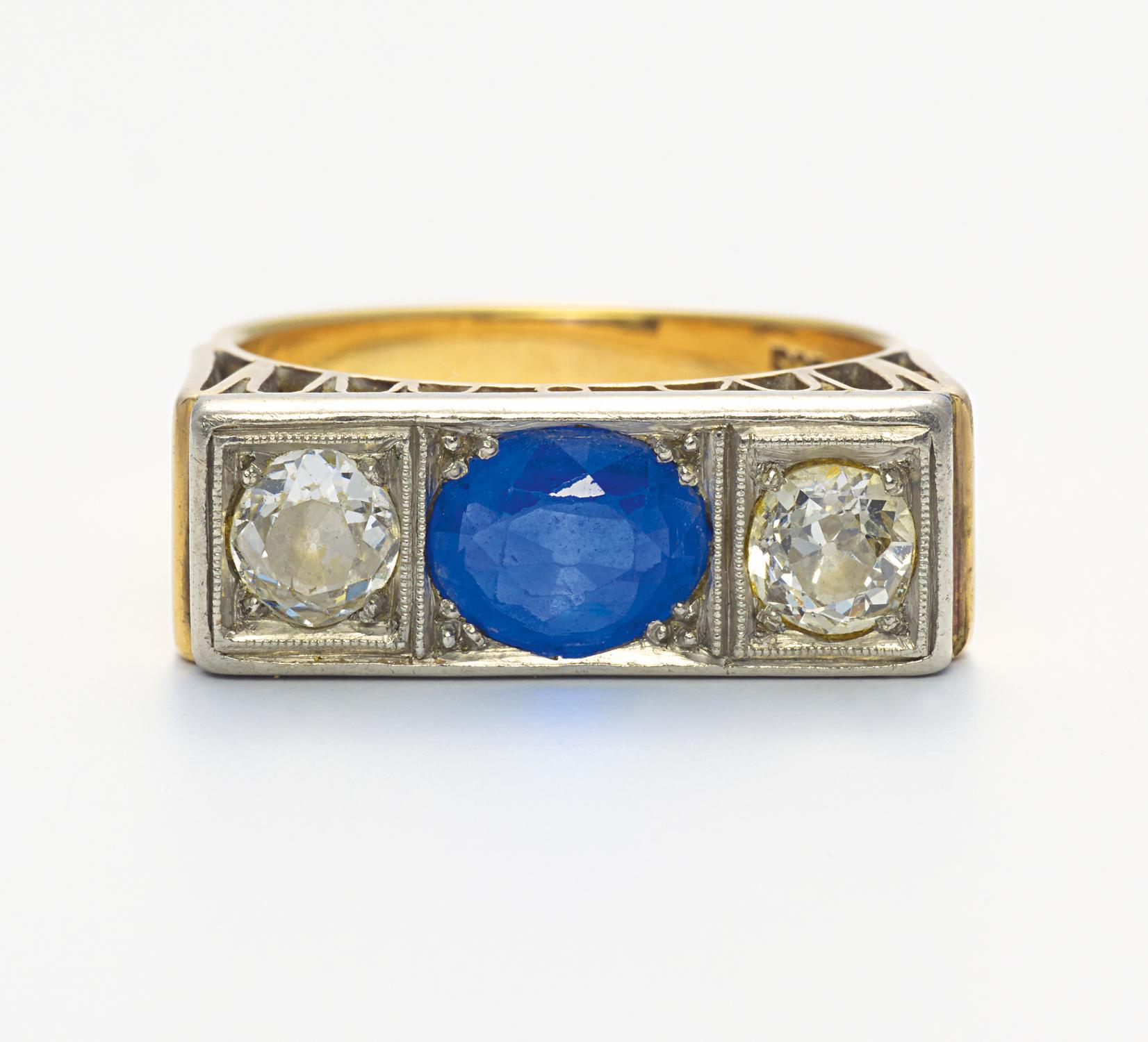 SAPHIR-DIAMANT-RING. Deutschland, um 1940. 585/- Gelb-/Weißgold, gestempelt, Gesamtgewicht: 8,5g.