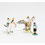 MINIATURFIGUREN ADLER UND CLOWN. Meissen. Porzellan, farbig und tlw. gold staffiert. H.7,5 cm.