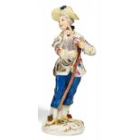 JUNGER MANN MIT HAHN. Meissen. 18. Jh. Porzellan, farbig und gold staffiert. Höhe 15 cm. Ohne