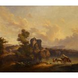 Pillement, Jean Lyon 1728 - 1808 Umkreis Französische Landschaft mit Pferdekarren am Seeufer. Öl auf