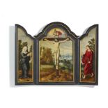 Antwerpener Meister 1. H. 16. Jh. Triptychon. Um 1520. Auf der zentralen Tafel der gekreuzigte