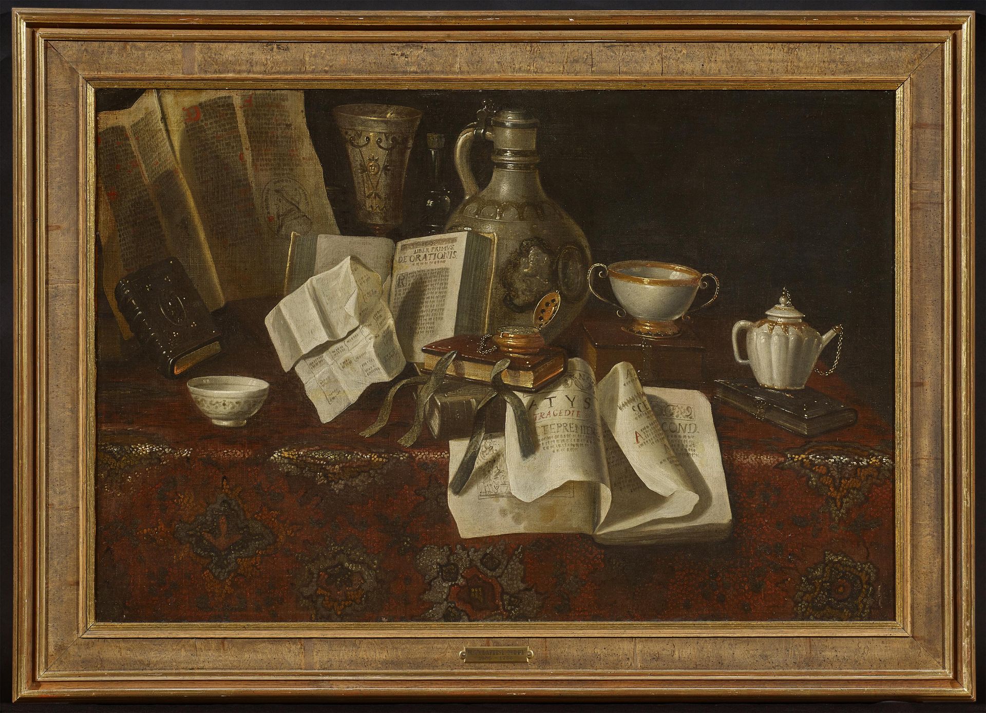 Französischer Meister 18. Jh. Variastillleben mit Büchern und Porzellan auf einem Tisch. Öl auf - Bild 2 aus 3