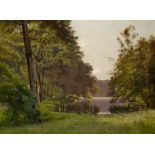 Rohde, Frederik 1816 Kopenhagen - 1886 Frederiksberg Sommerliche Seenlandschaft. Öl auf Leinwand. 60