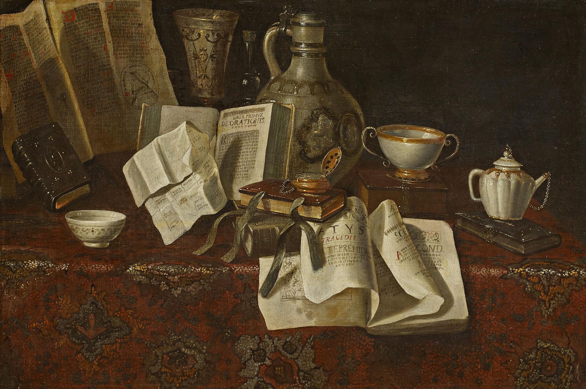 Französischer Meister 18. Jh. Variastillleben mit Büchern und Porzellan auf einem Tisch. Öl auf