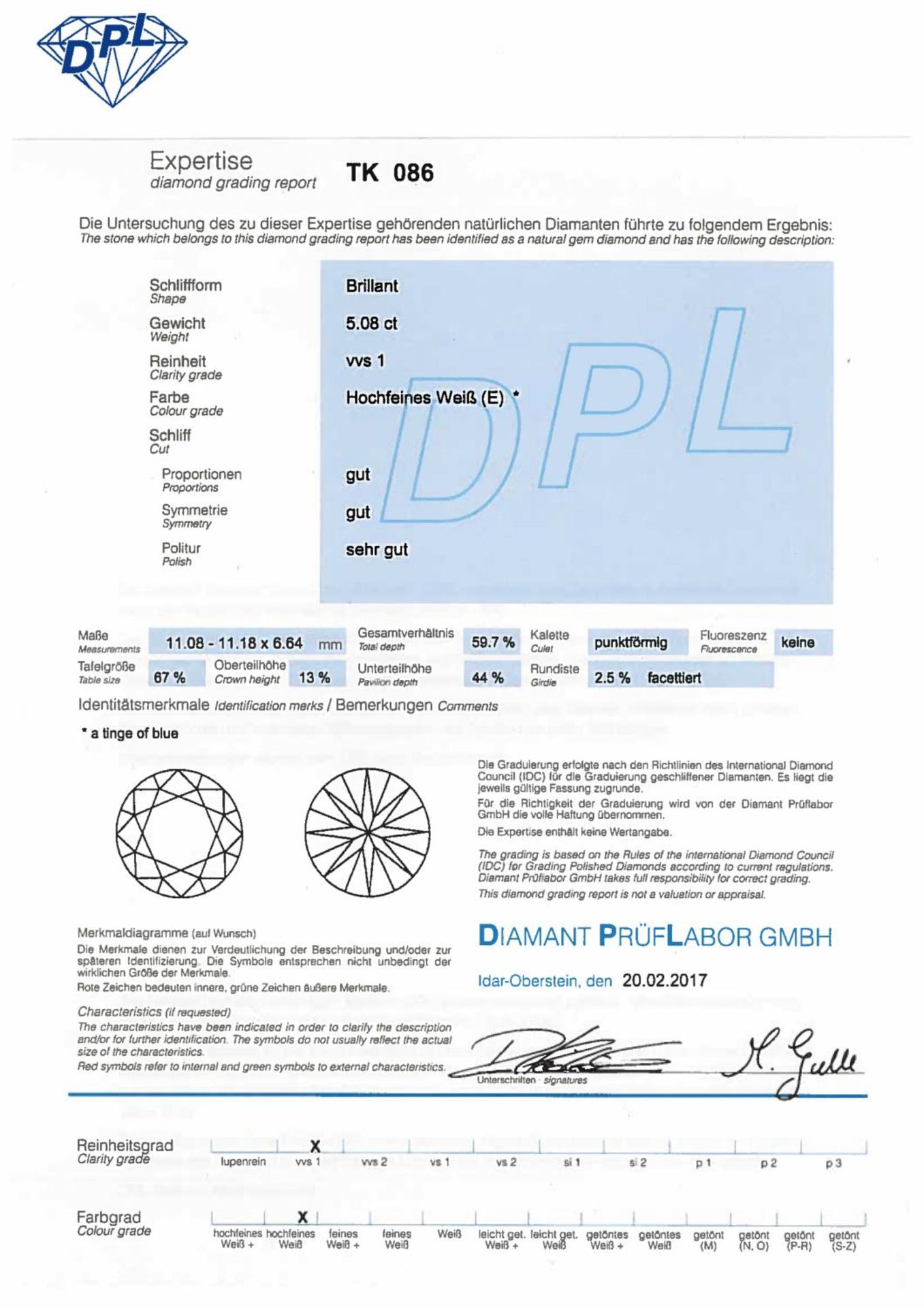 LOSER BRILLANT. Ca. 5,08ct Hochfeines Weiß(E) VVS1, ca. 11,08-11,18x6,64mm. Anbei DPL-Expertise - Bild 2 aus 2