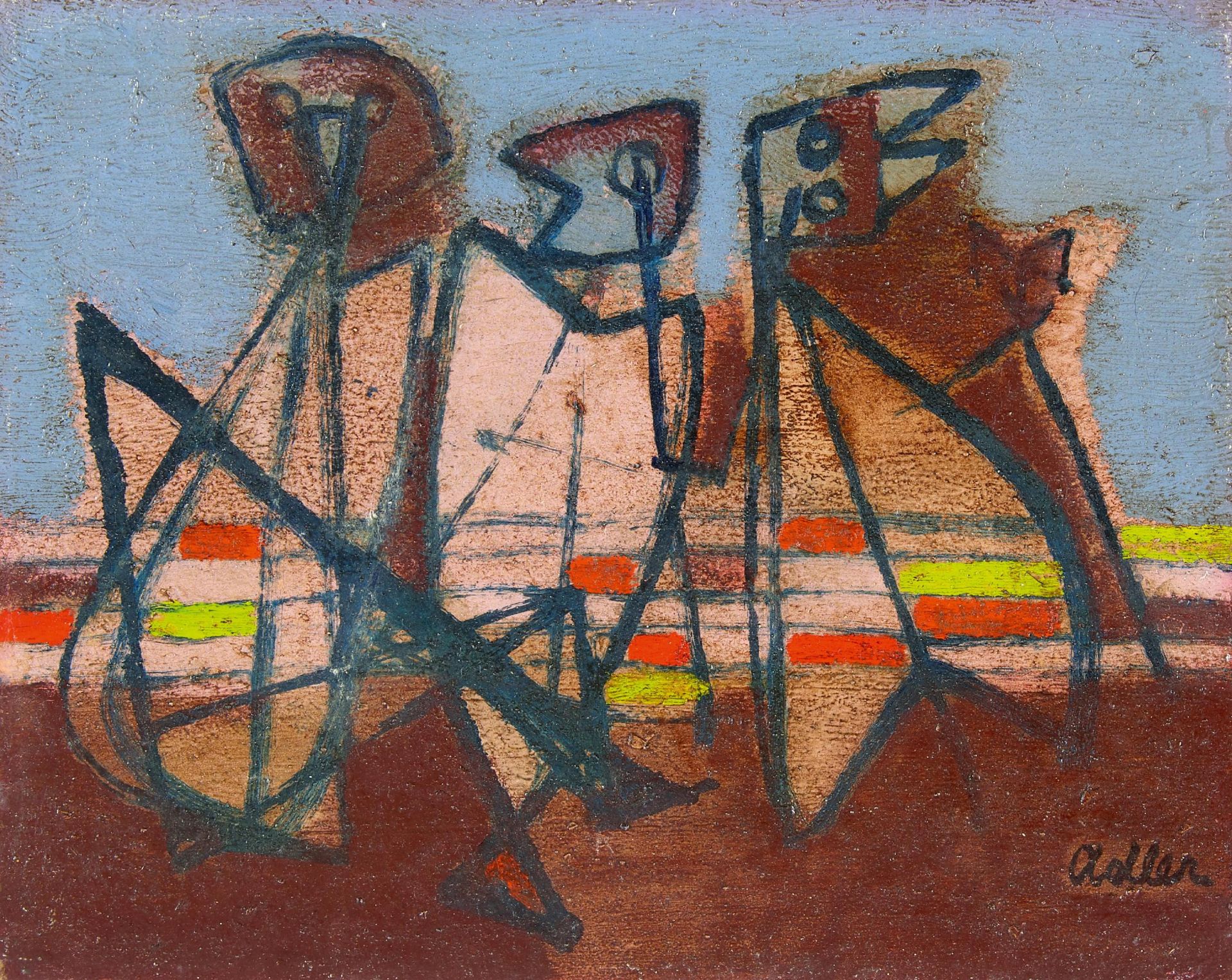 Adler, Jankel. 1895 Tuszyn - 1949 London. Drei Vögel. Um 1940. Öl und Sand auf Karton. 25 x 31cm.